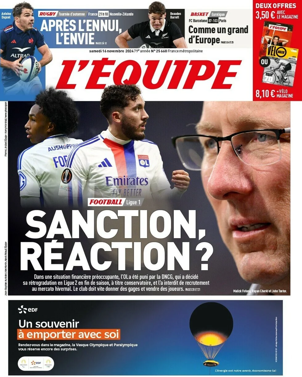 anteprima della prima pagina di lequipe del 16/11/2024