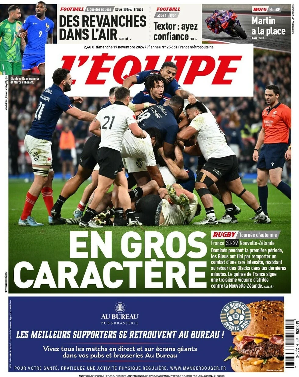 anteprima della prima pagina di lequipe del 17/11/2024