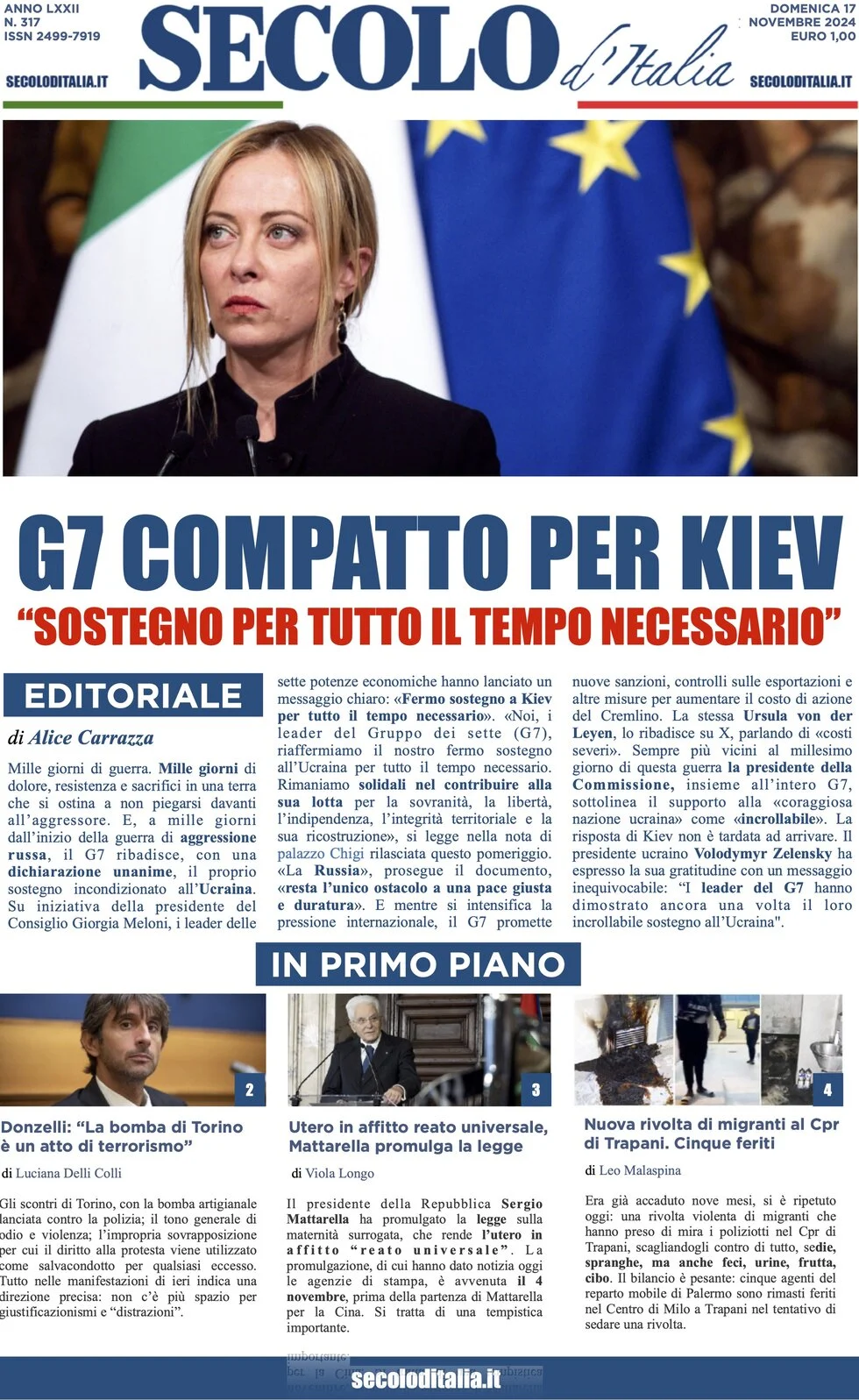anteprima della prima pagina di secolo-ditalia del 17/11/2024