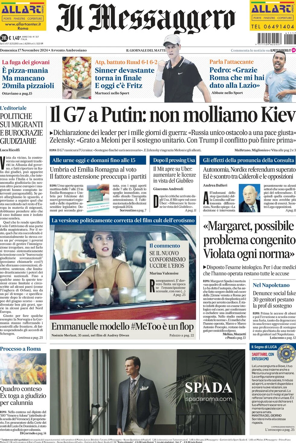 anteprima della prima pagina di il-messaggero del 17/11/2024