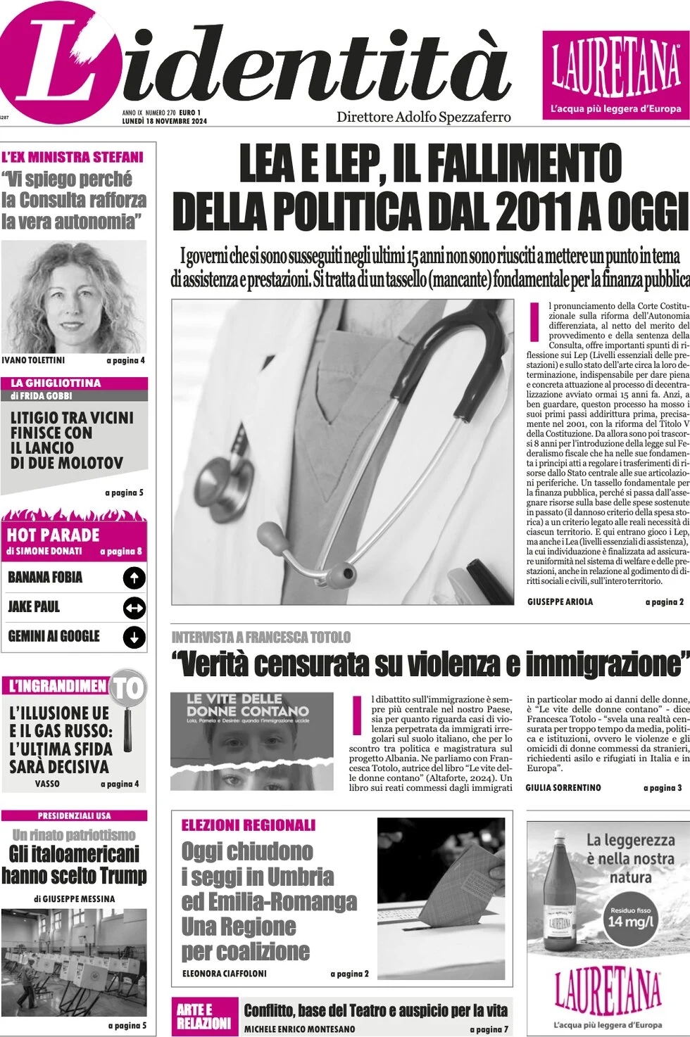 anteprima della prima pagina di lidentit del 18/11/2024