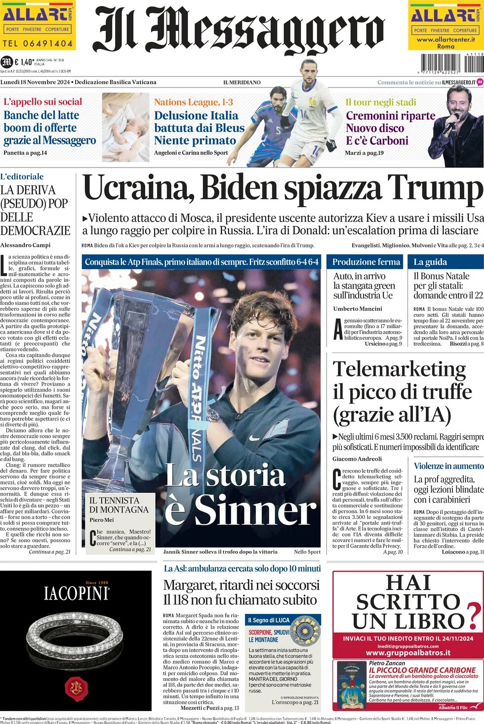 anteprima della prima pagina di il-messaggero del 18/11/2024
