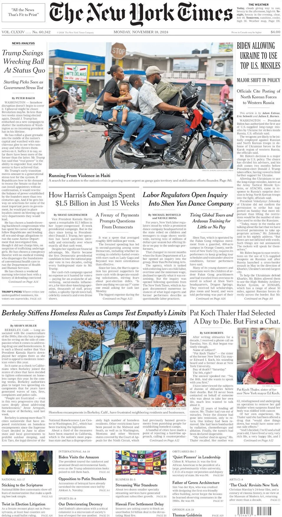 anteprima della prima pagina di the-new-york-times del 18/11/2024