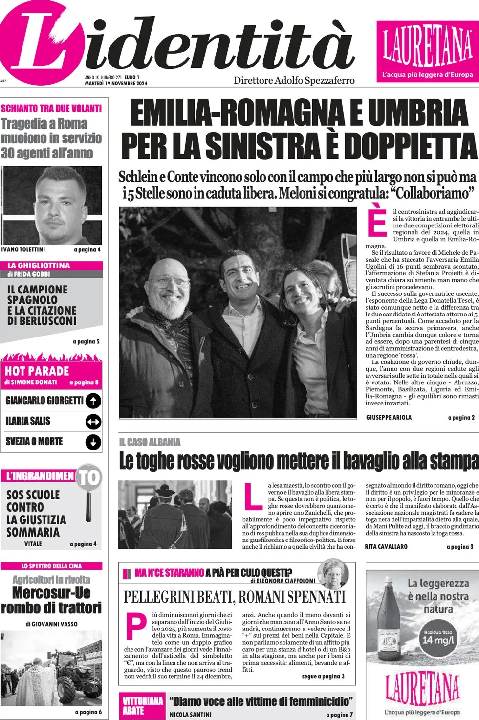 anteprima della prima pagina di lidentit del 19/11/2024