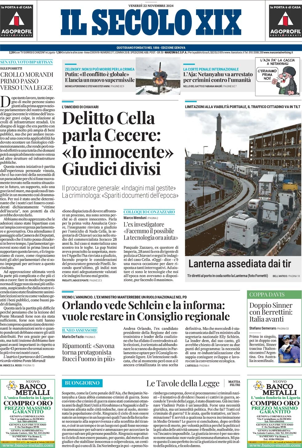 anteprima della prima pagina di il-secolo-xix del 22/11/2024