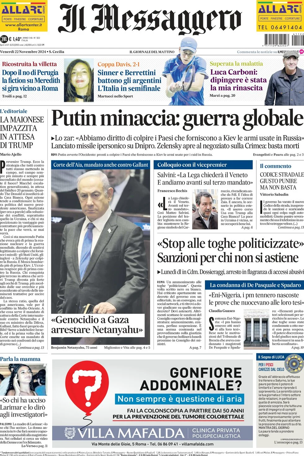 anteprima della prima pagina di il-messaggero del 22/11/2024