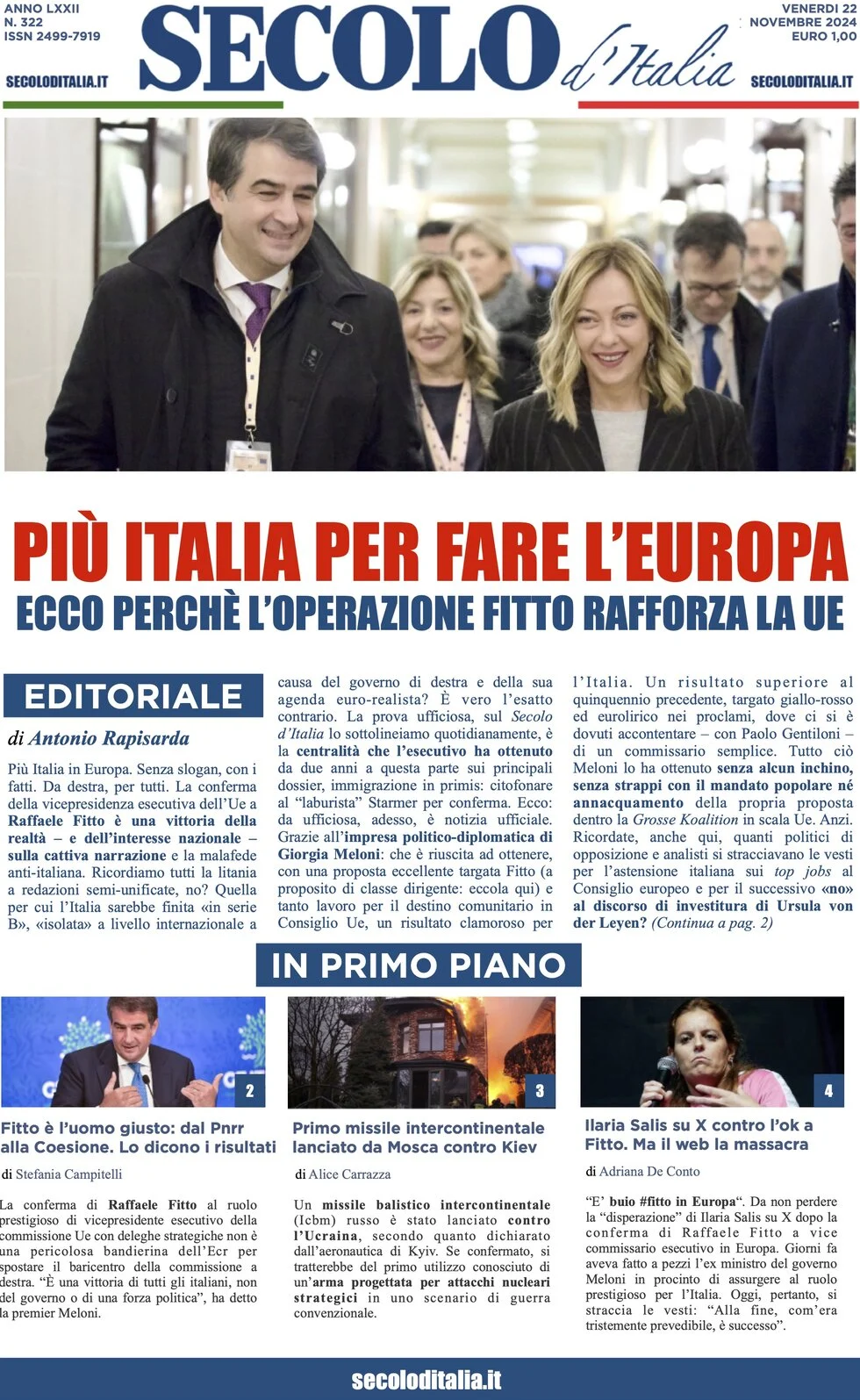anteprima della prima pagina di secolo-ditalia del 22/11/2024