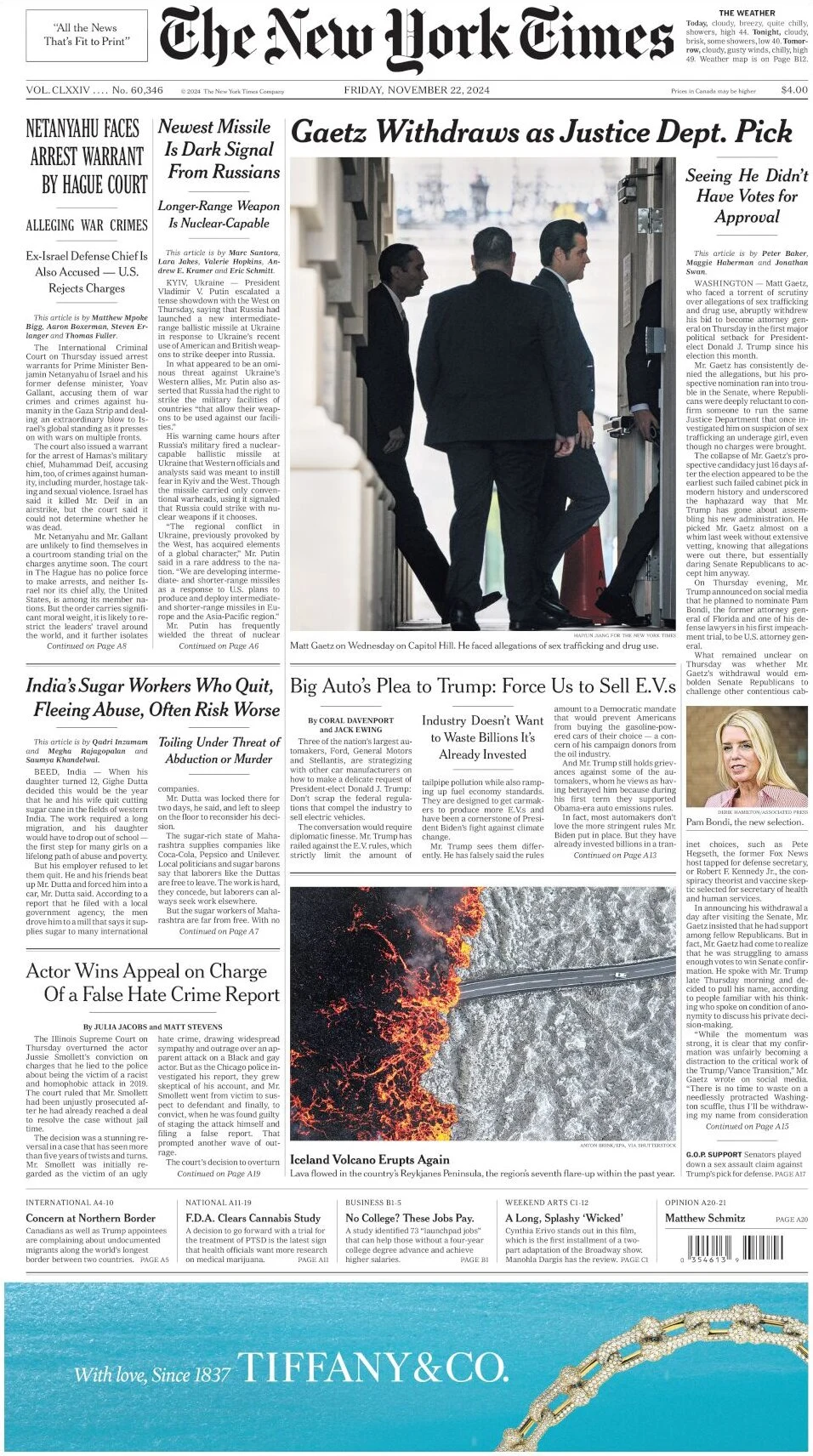 anteprima della prima pagina di the-new-york-times del 22/11/2024