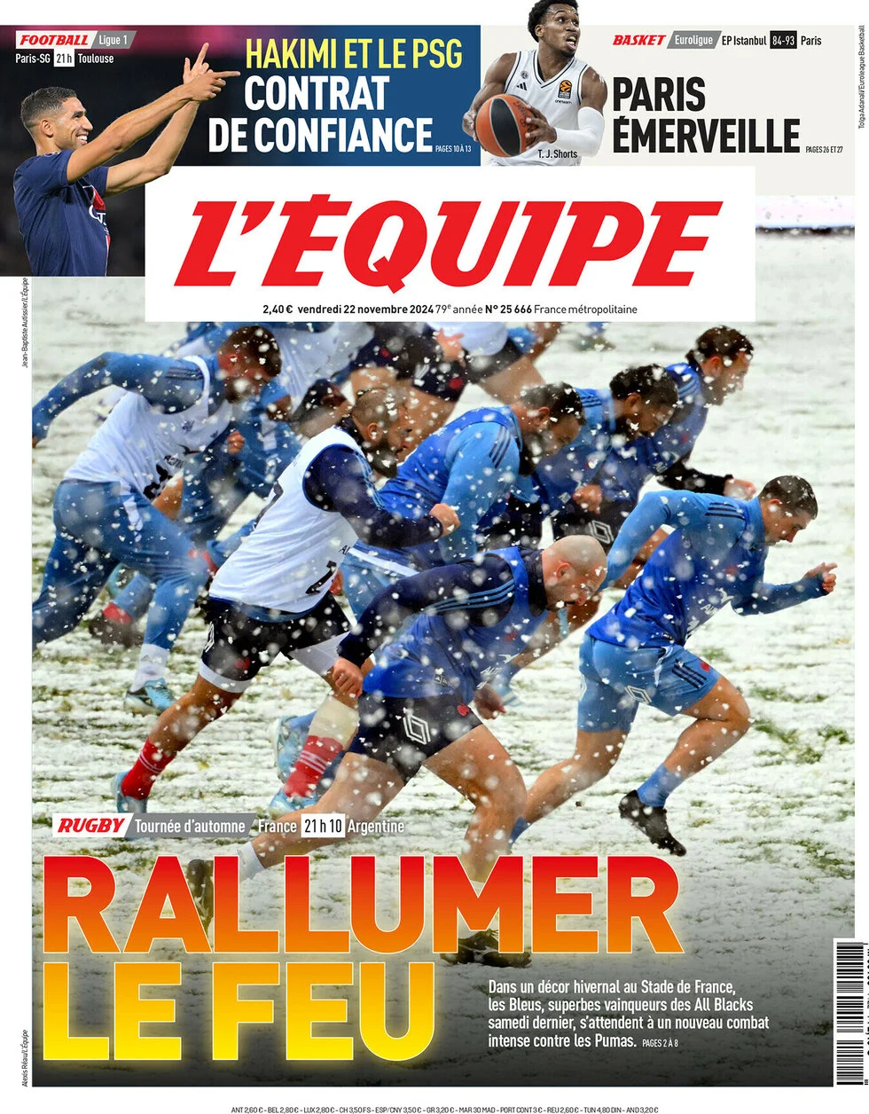 anteprima della prima pagina di lequipe del 22/11/2024