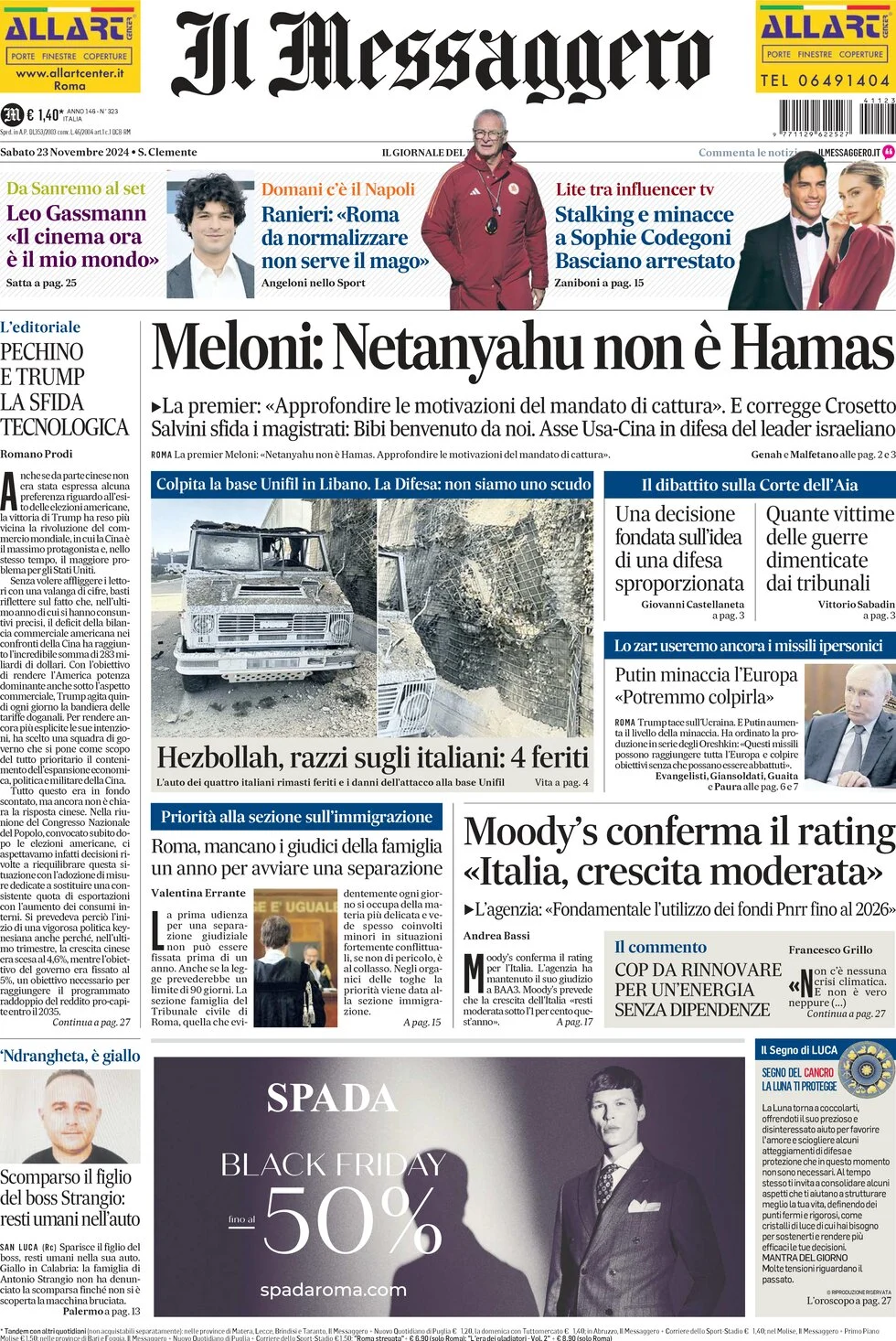 anteprima della prima pagina di il-messaggero del 23/11/2024