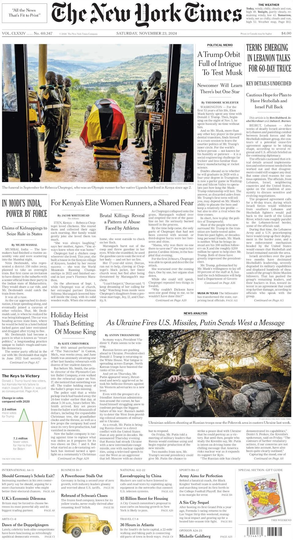 anteprima della prima pagina di the-new-york-times del 23/11/2024