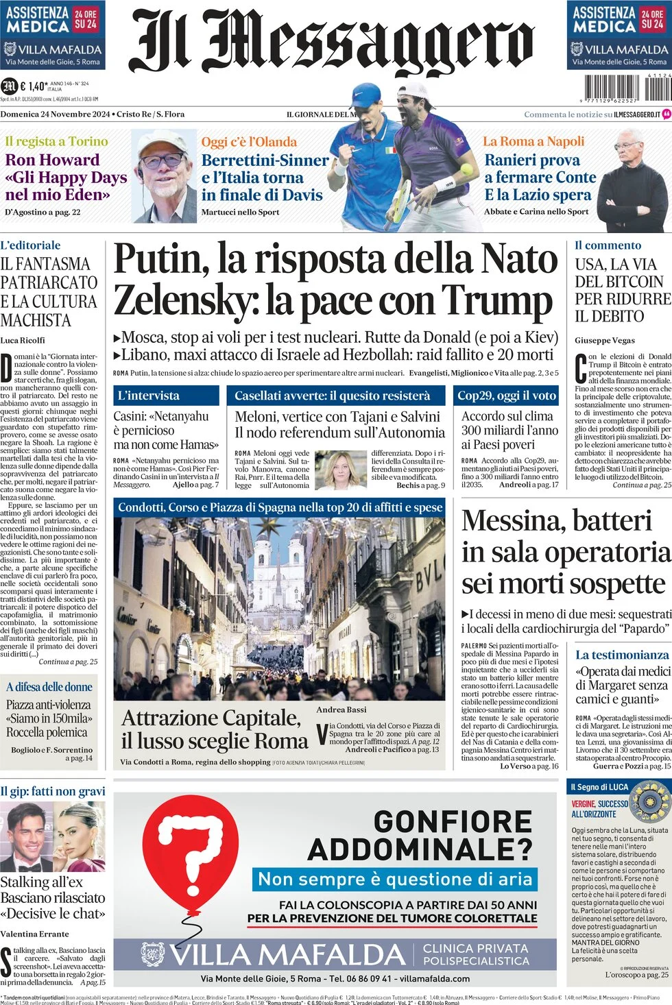anteprima della prima pagina di il-messaggero del 24/11/2024