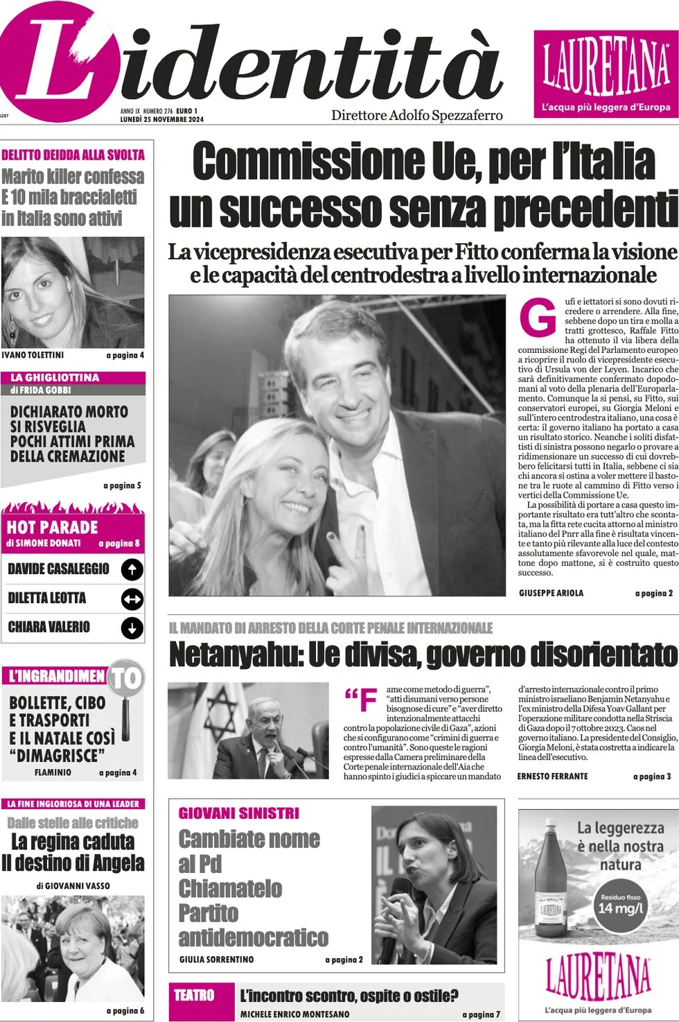 anteprima della prima pagina di lidentit del 24/11/2024