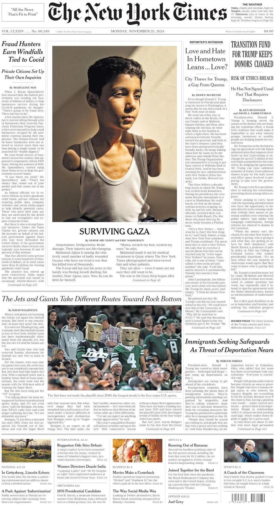 anteprima della prima pagina di the-new-york-times del 25/11/2024