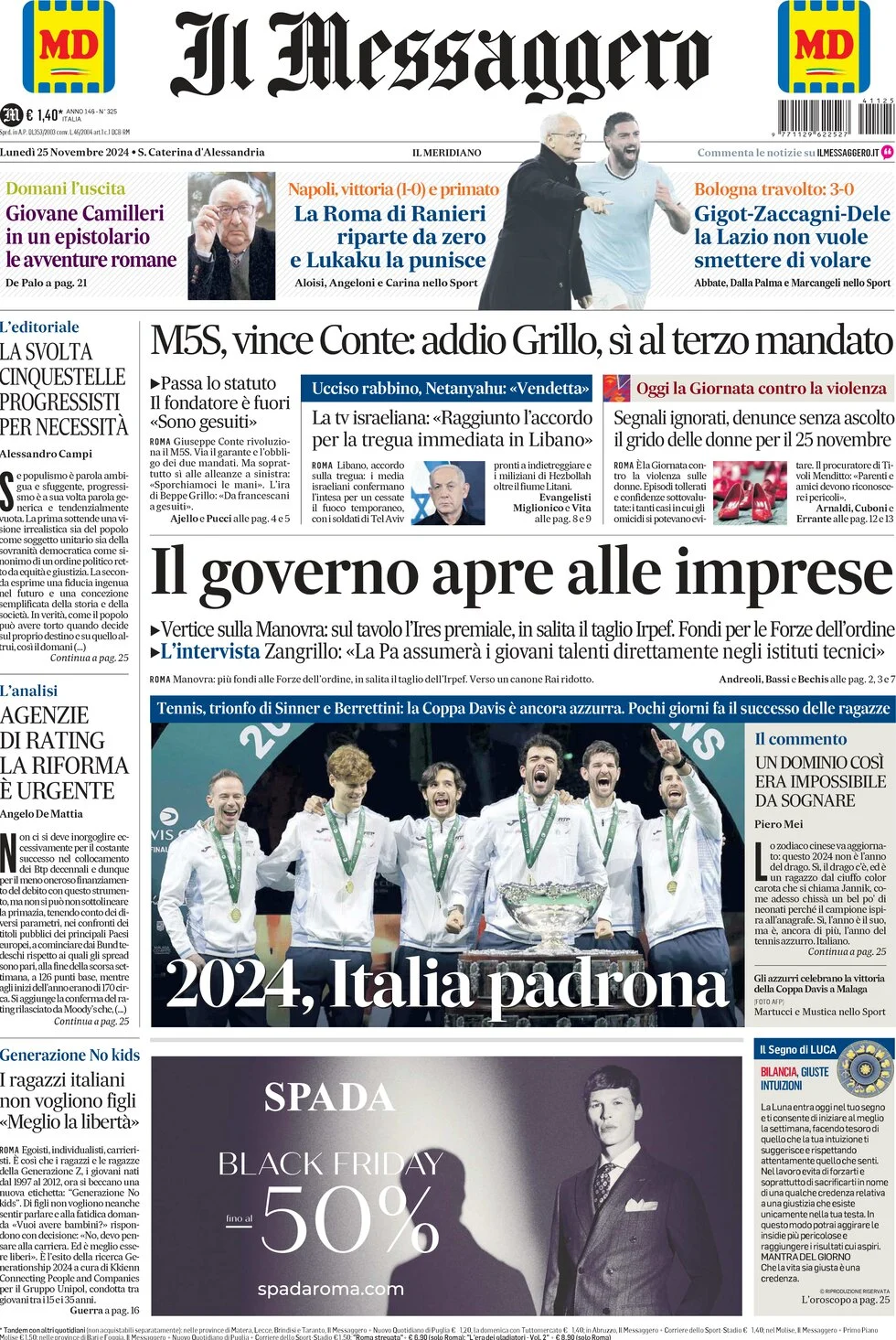 anteprima della prima pagina di il-messaggero del 25/11/2024