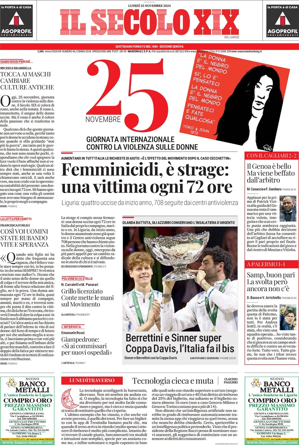 anteprima della prima pagina di il-secolo-xix del 25/11/2024