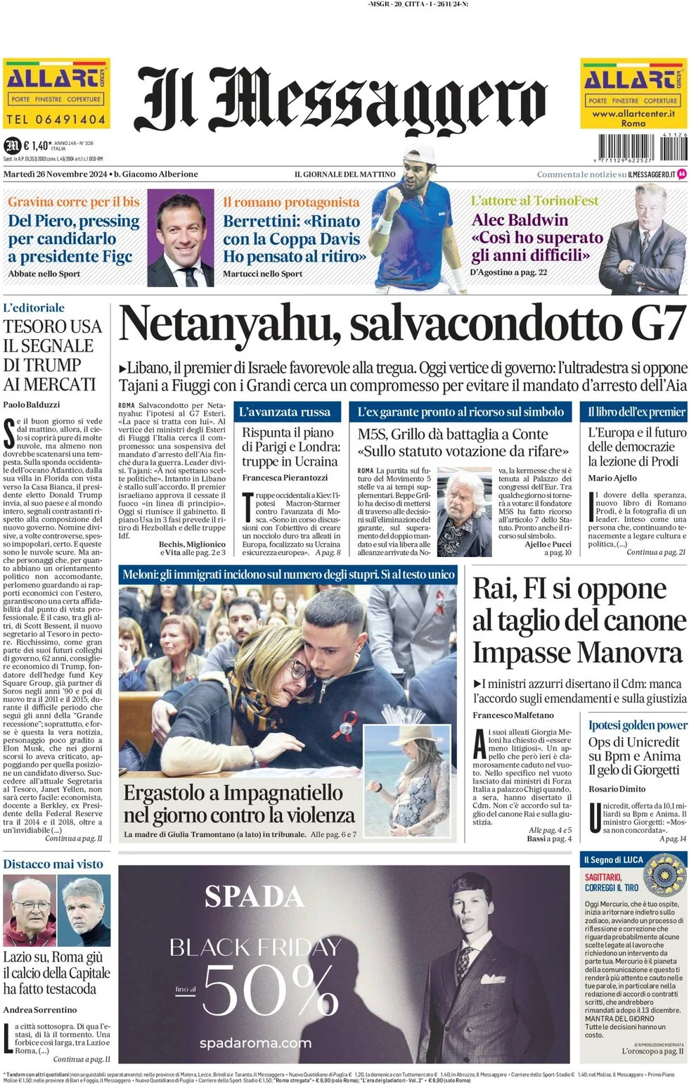 anteprima della prima pagina di il-messaggero del 26/11/2024