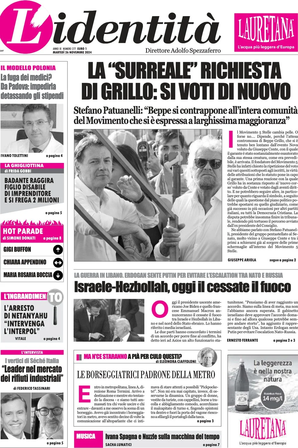 anteprima della prima pagina di lidentit del 26/11/2024