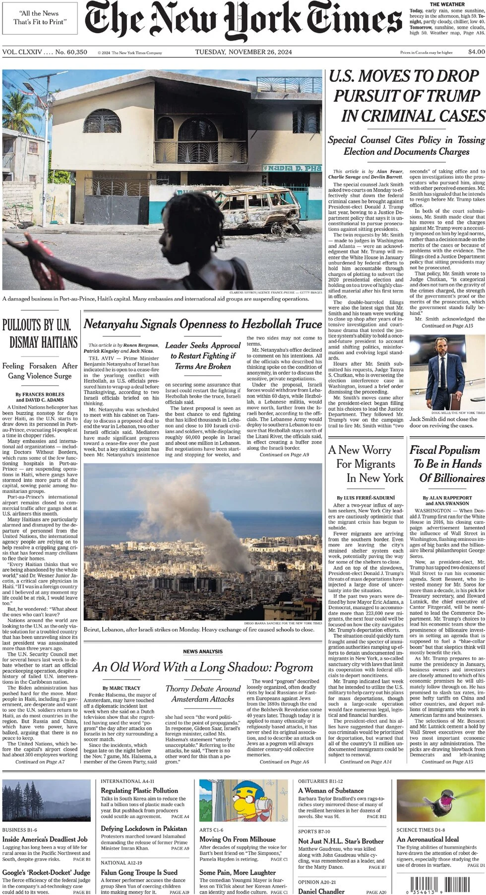 anteprima della prima pagina di the-new-york-times del 26/11/2024