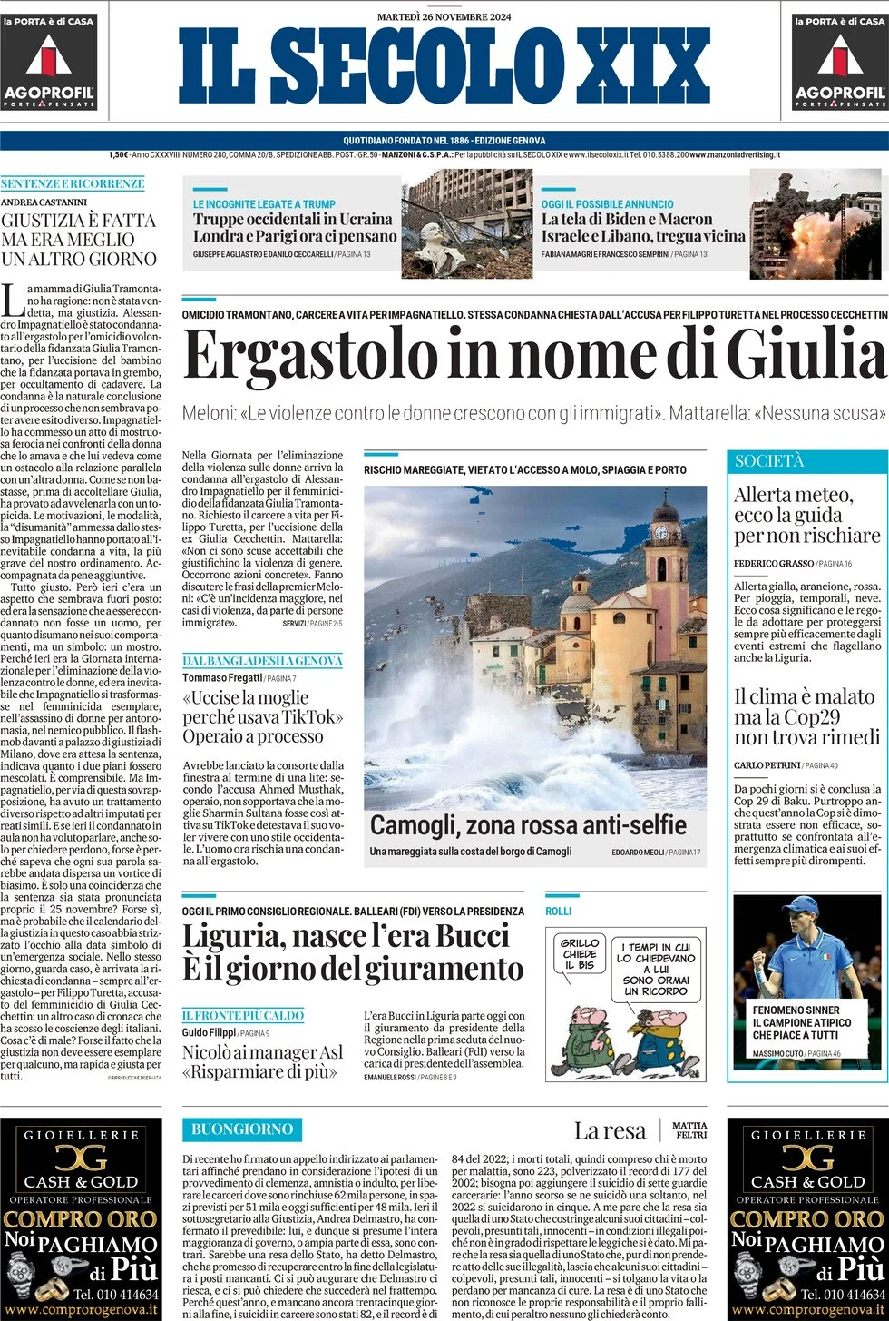 anteprima della prima pagina di il-secolo-xix del 26/11/2024