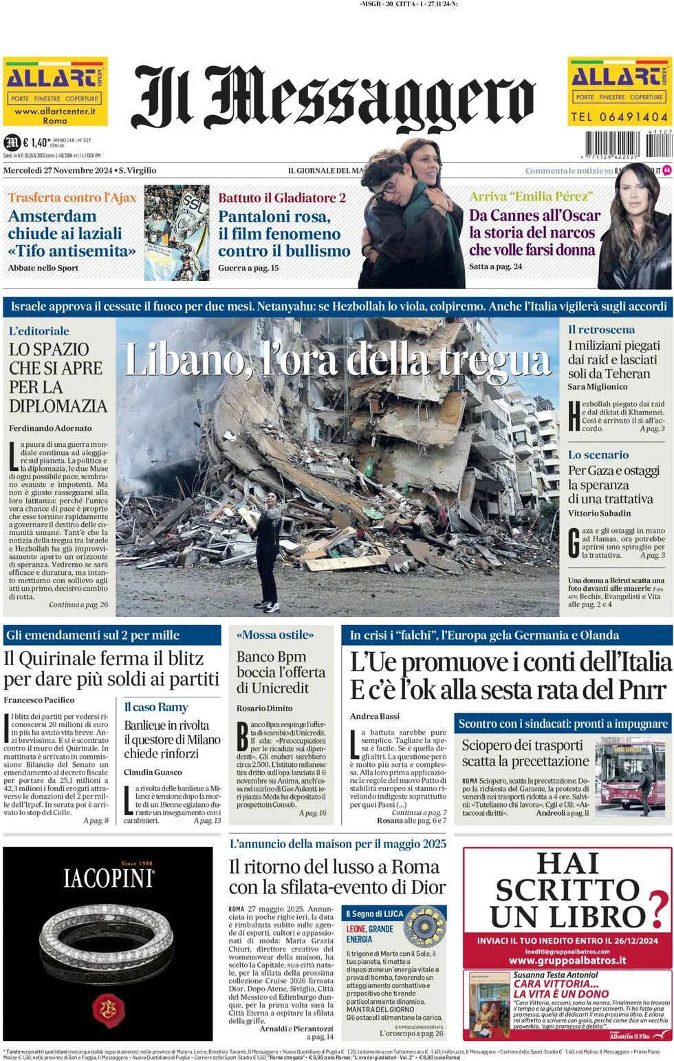 anteprima della prima pagina di il-messaggero del 27/11/2024