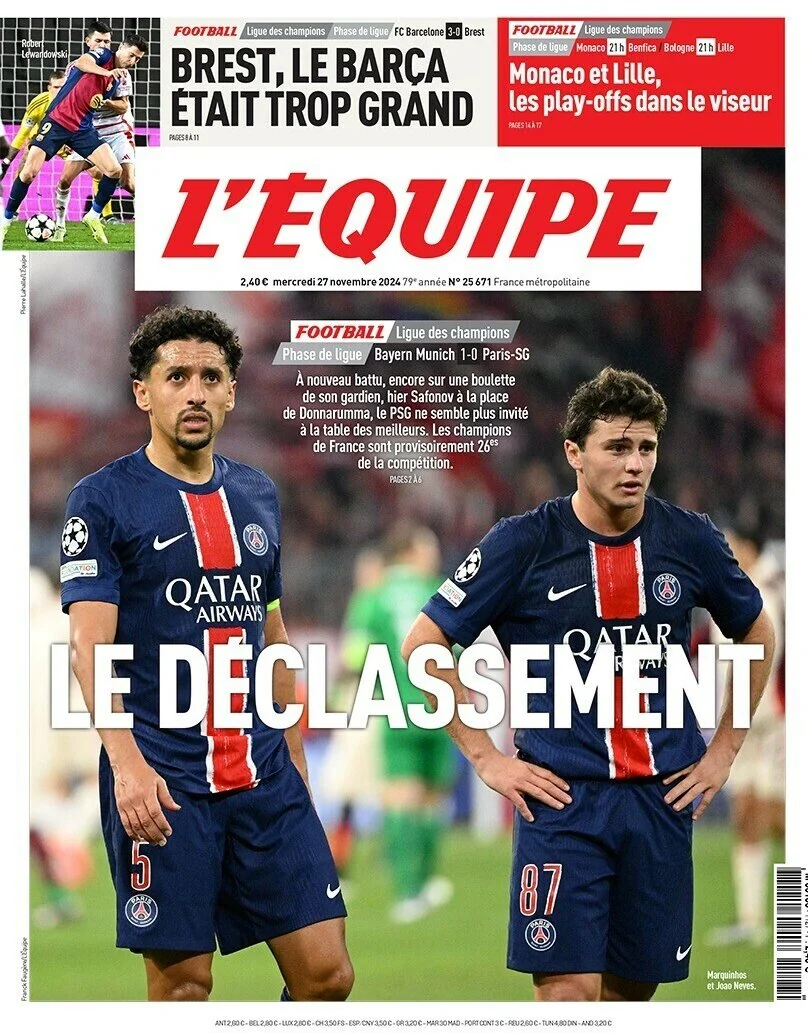 anteprima della prima pagina di lequipe del 27/11/2024