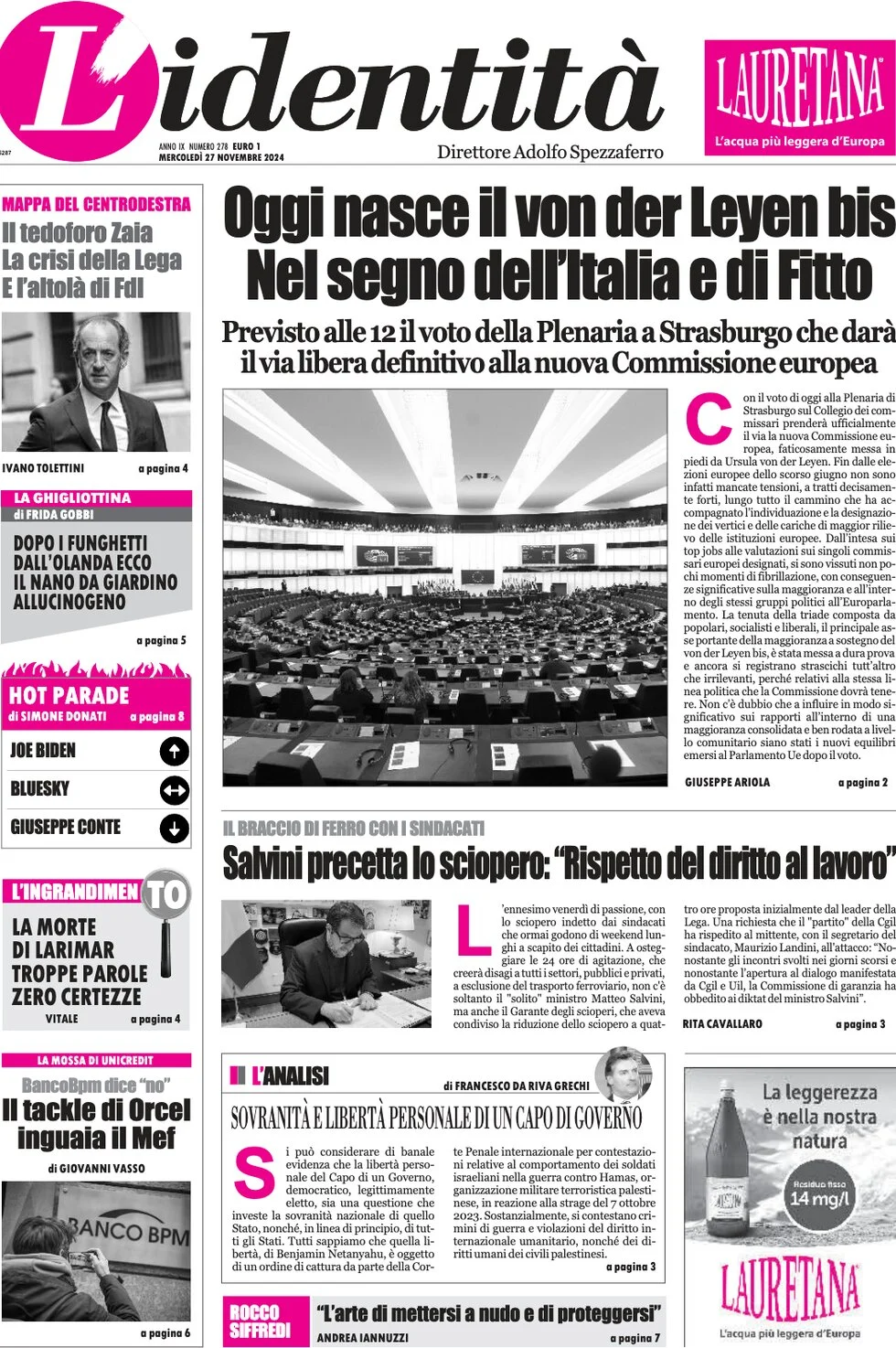 anteprima della prima pagina di lidentit del 27/11/2024