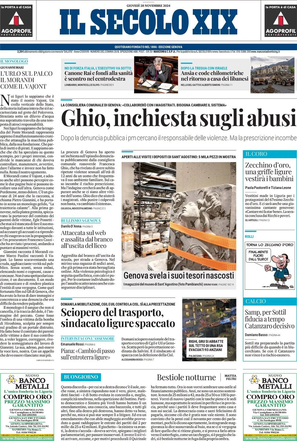 anteprima della prima pagina di il-secolo-xix del 28/11/2024