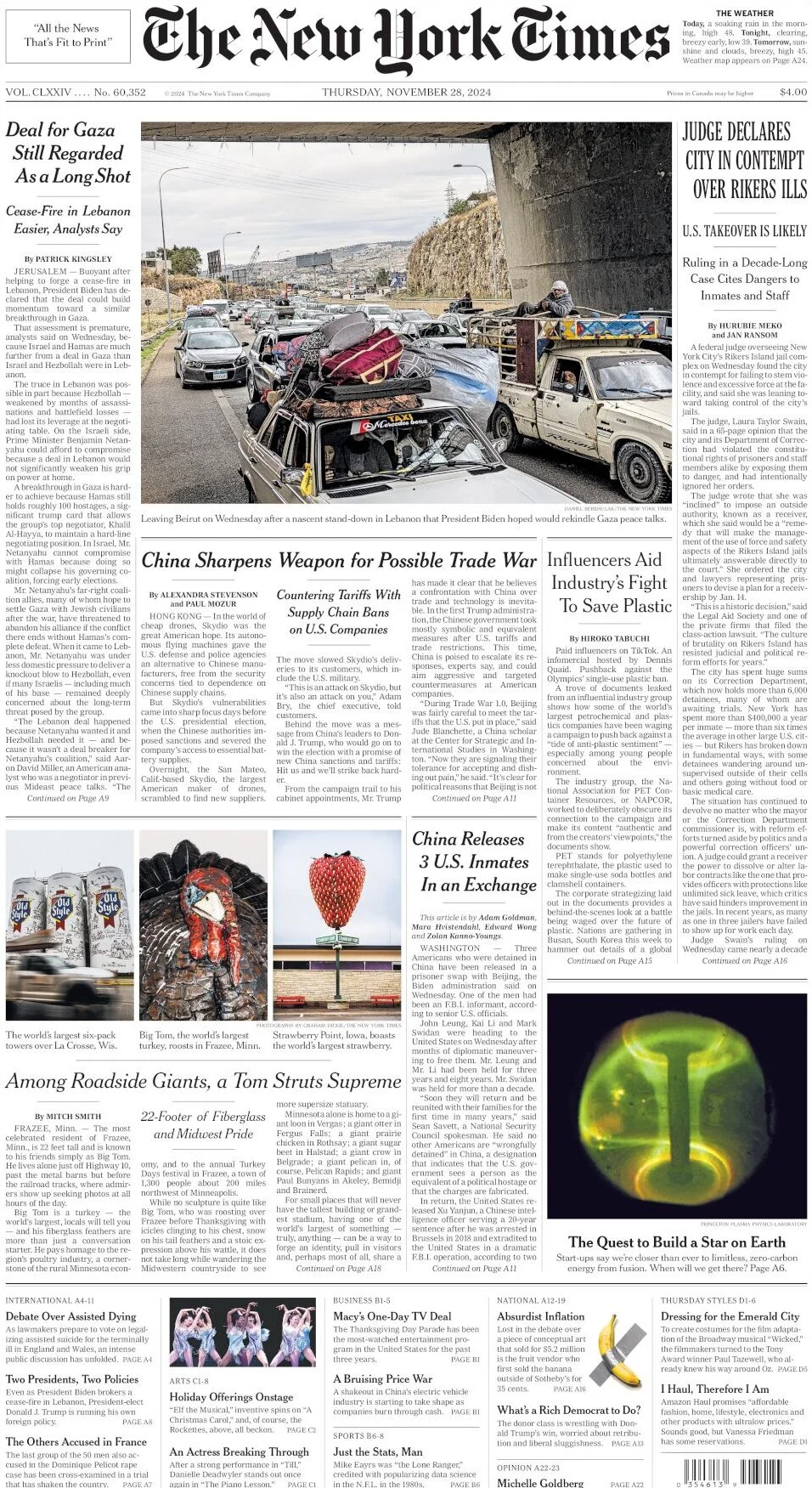 anteprima della prima pagina di the-new-york-times del 28/11/2024