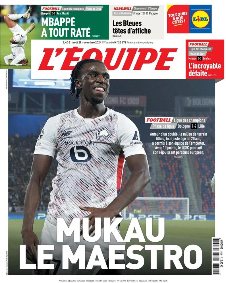 anteprima della prima pagina di lequipe del 28/11/2024