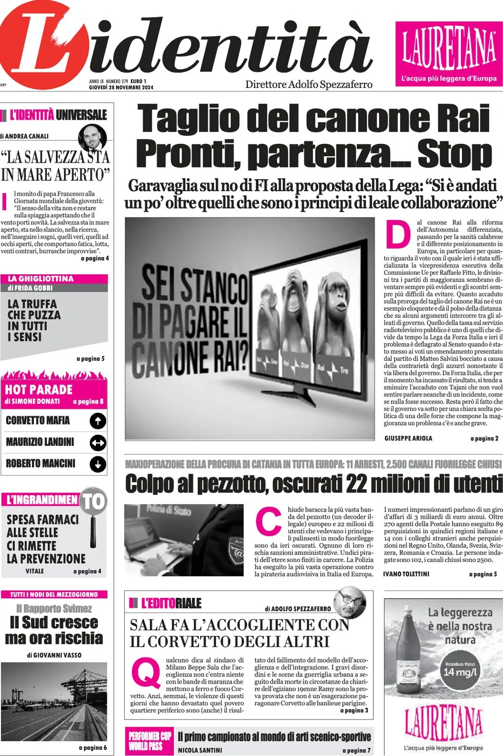 anteprima della prima pagina di lidentit del 28/11/2024