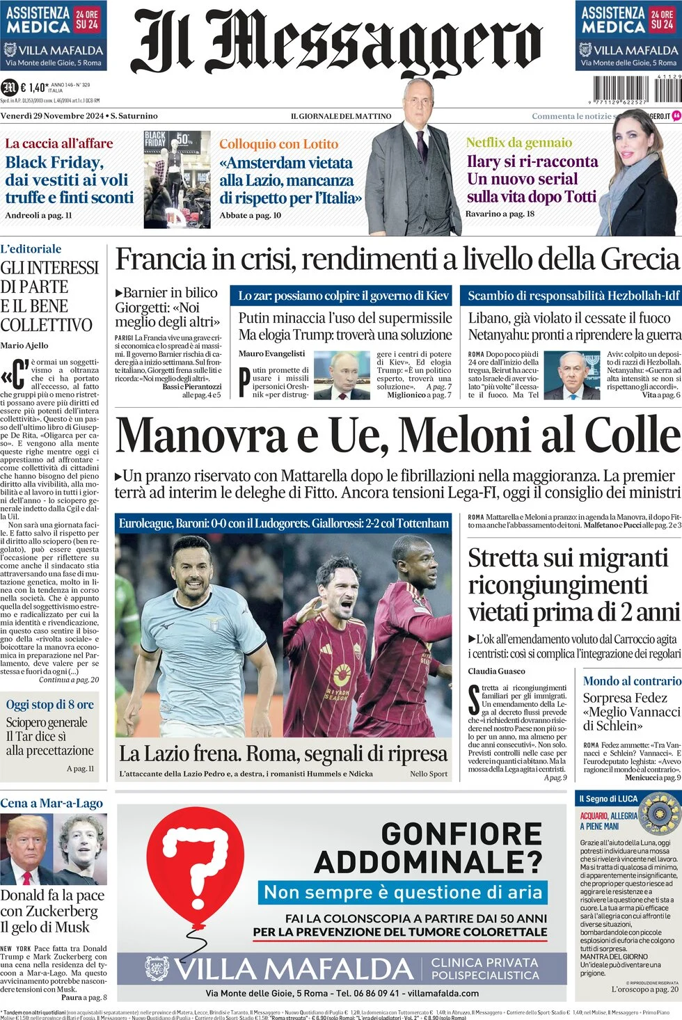 anteprima della prima pagina di il-messaggero del 29/11/2024