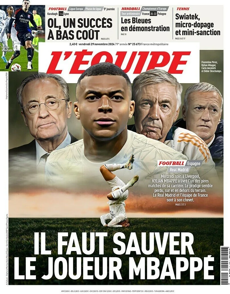 anteprima della prima pagina di lequipe del 29/11/2024