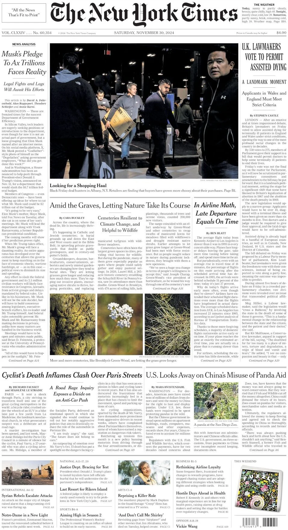 anteprima della prima pagina di the-new-york-times del 30/11/2024
