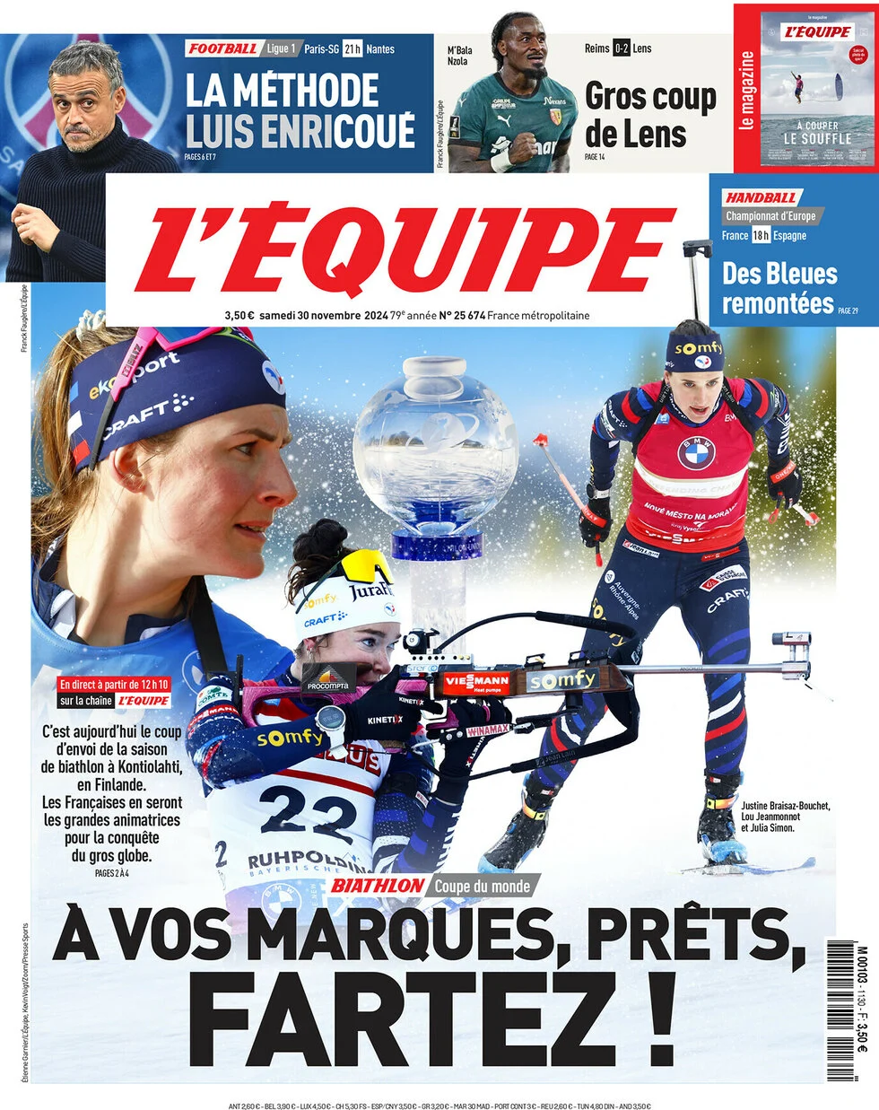 anteprima della prima pagina di lequipe del 30/11/2024