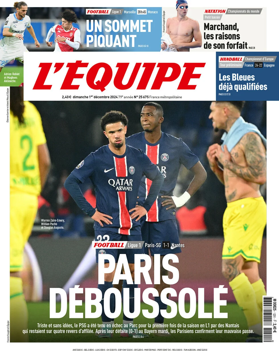anteprima della prima pagina di lequipe del 01/12/2024