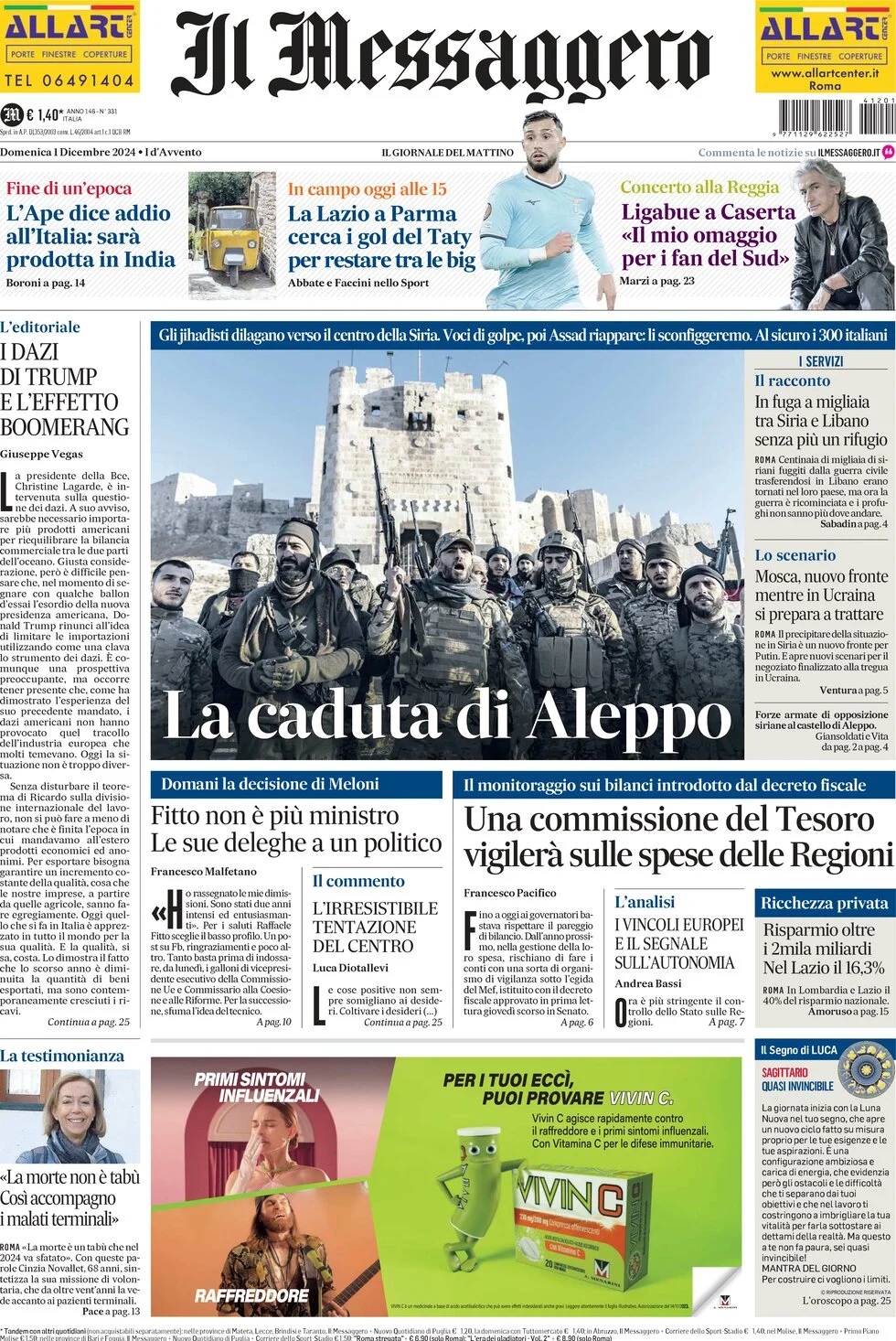 anteprima della prima pagina di il-messaggero del 01/12/2024