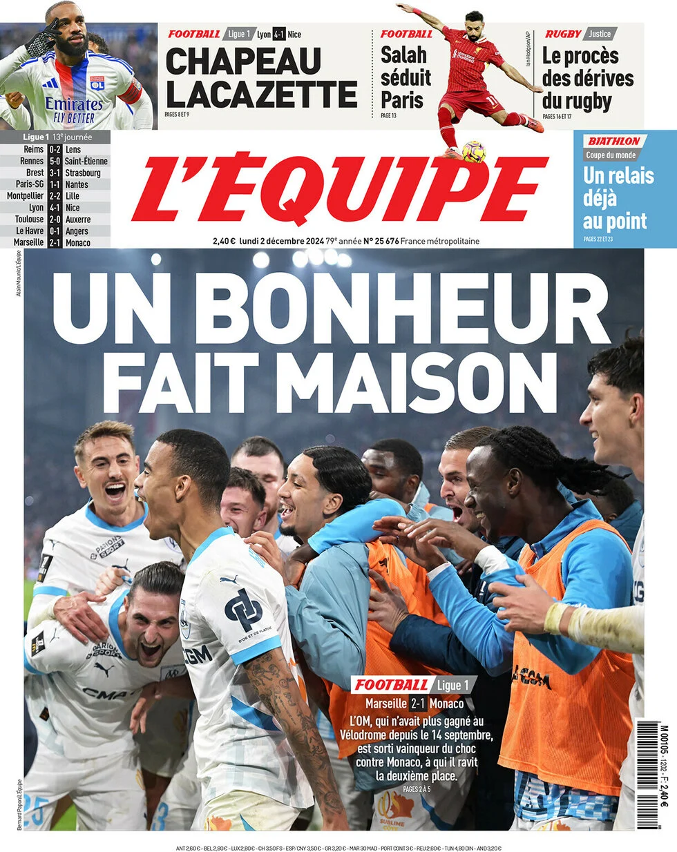 anteprima della prima pagina di lequipe del 02/12/2024