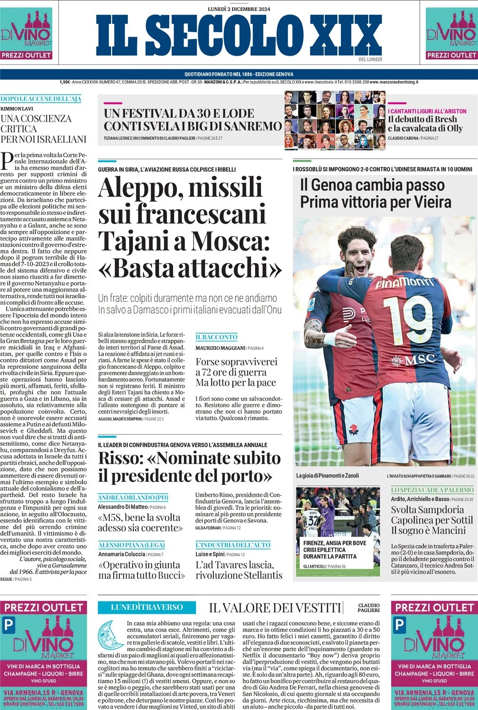 anteprima della prima pagina di il-secolo-xix del 02/12/2024
