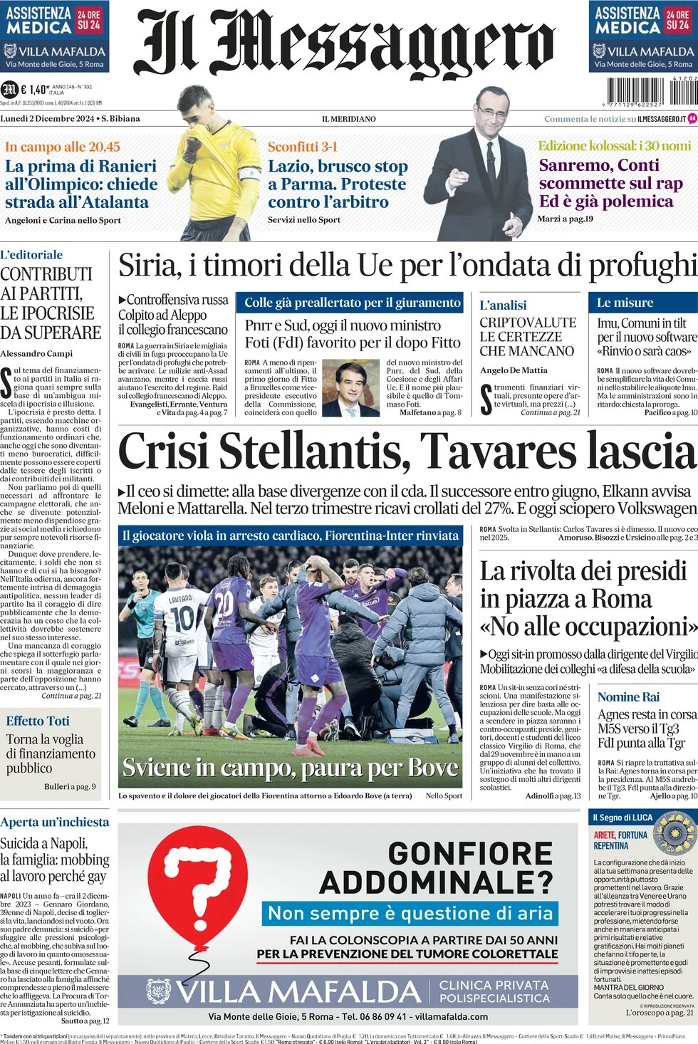 anteprima della prima pagina di il-messaggero del 02/12/2024