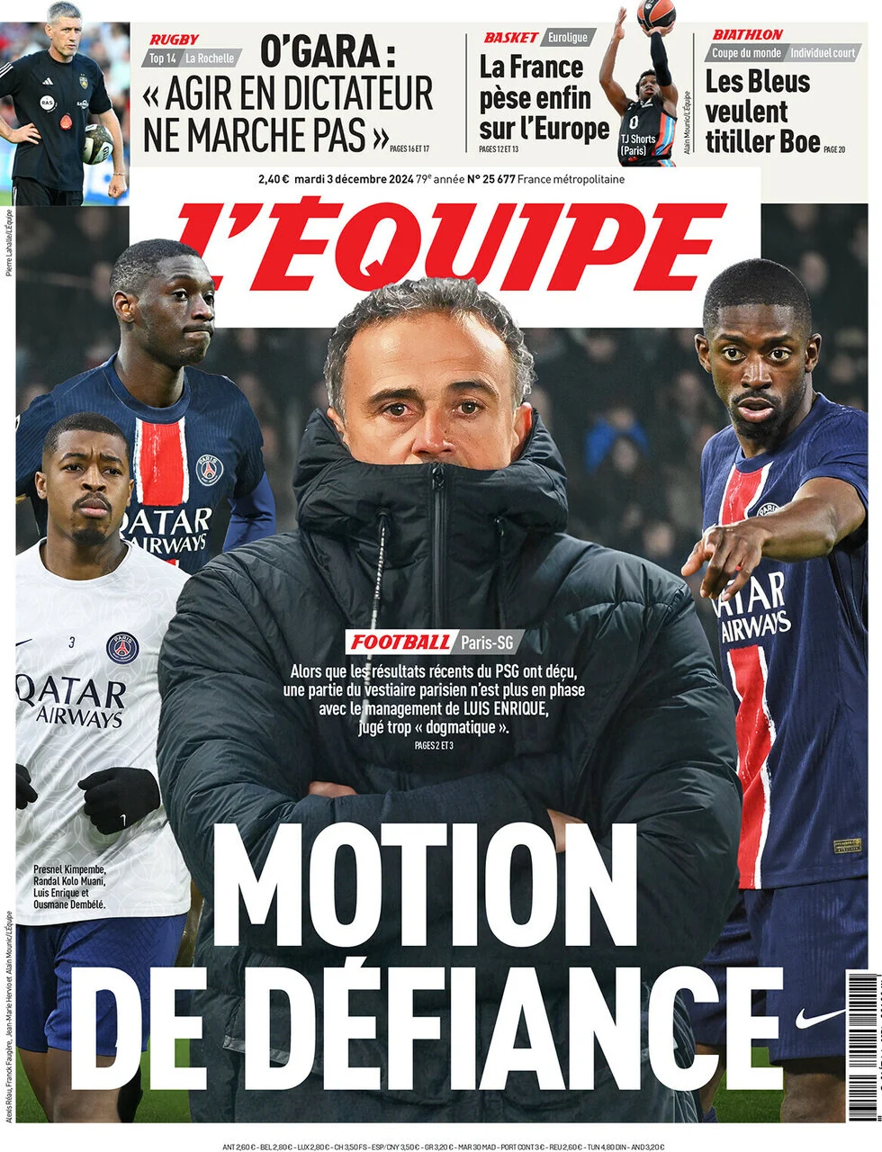 anteprima della prima pagina di lequipe del 03/12/2024