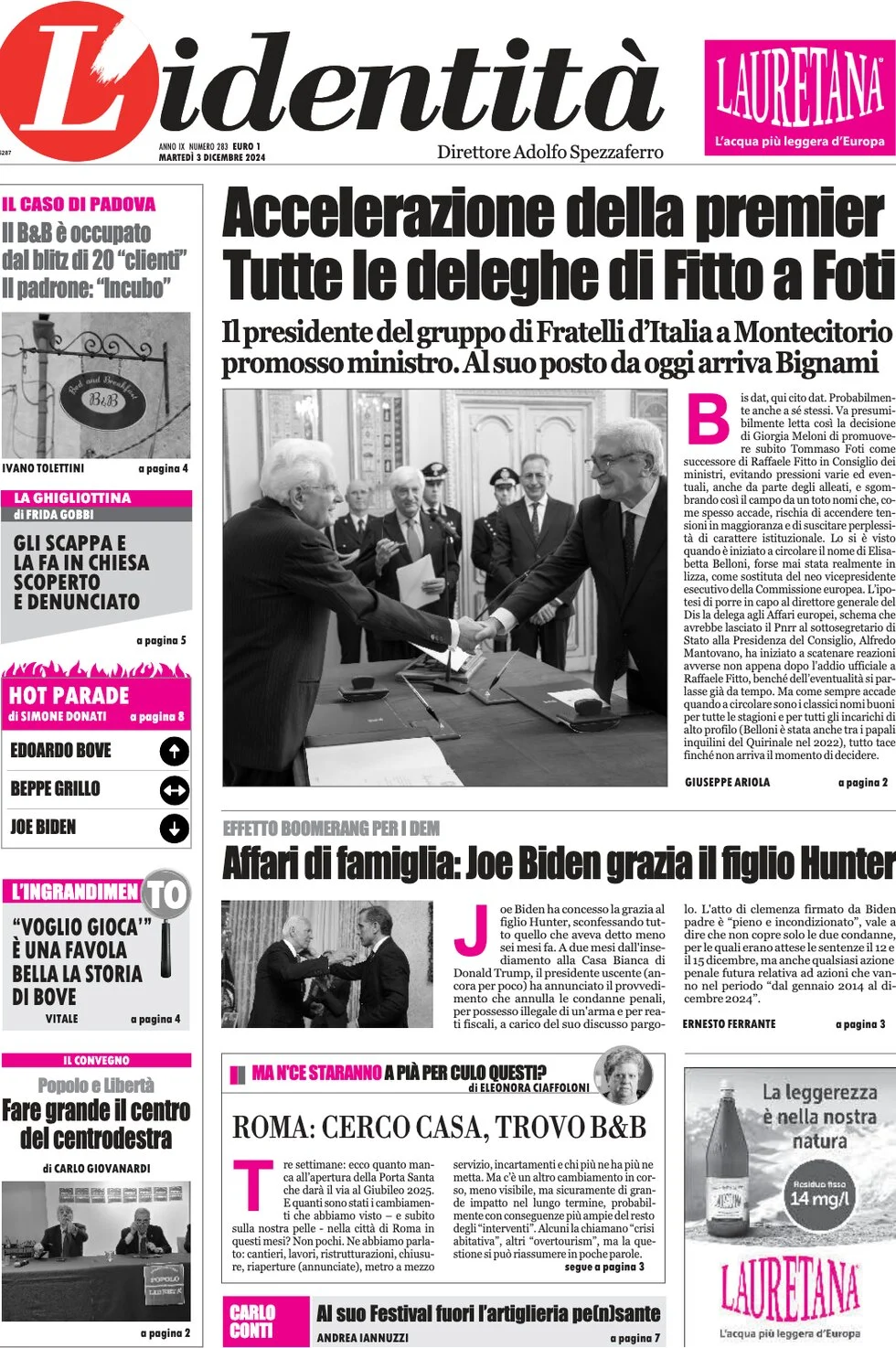 anteprima della prima pagina di lidentit del 03/12/2024