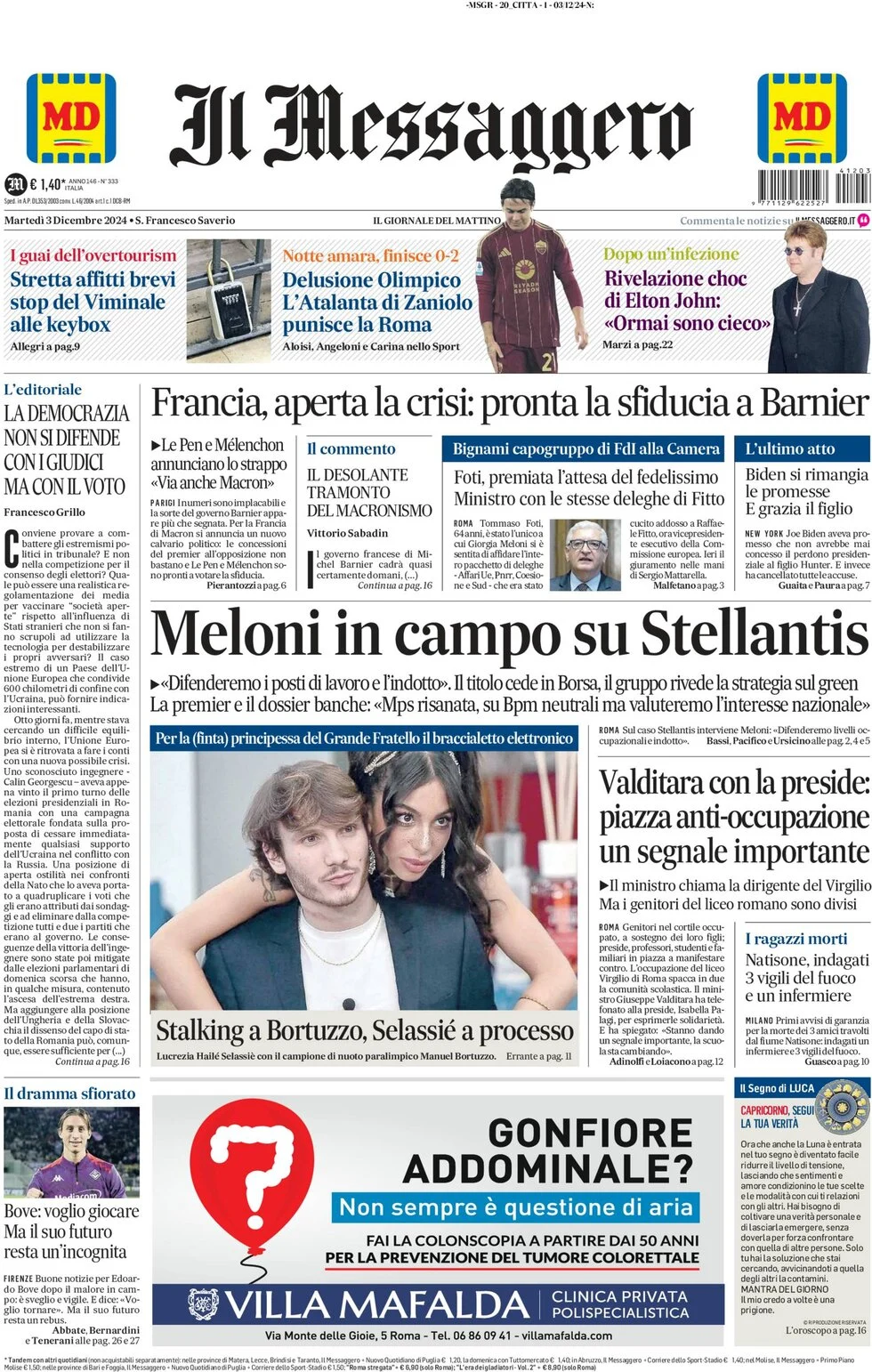 anteprima della prima pagina di il-messaggero del 03/12/2024