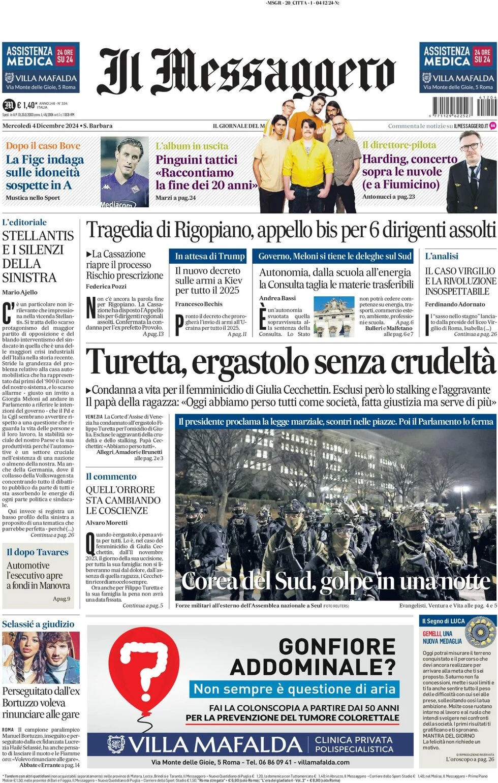 anteprima della prima pagina di il-messaggero del 04/12/2024