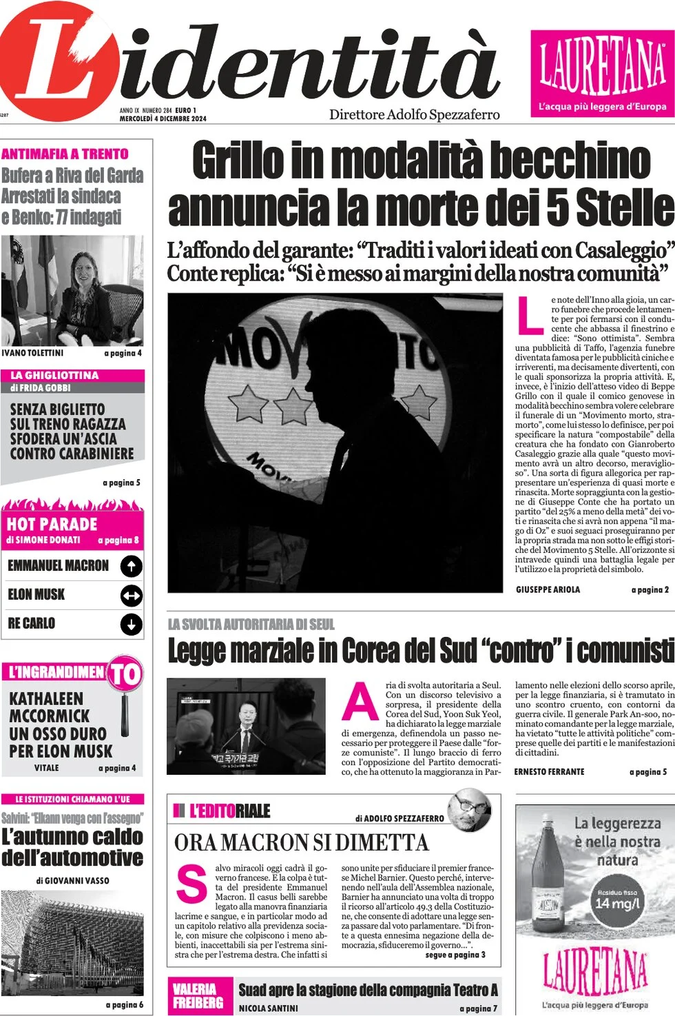 anteprima della prima pagina di lidentit del 04/12/2024