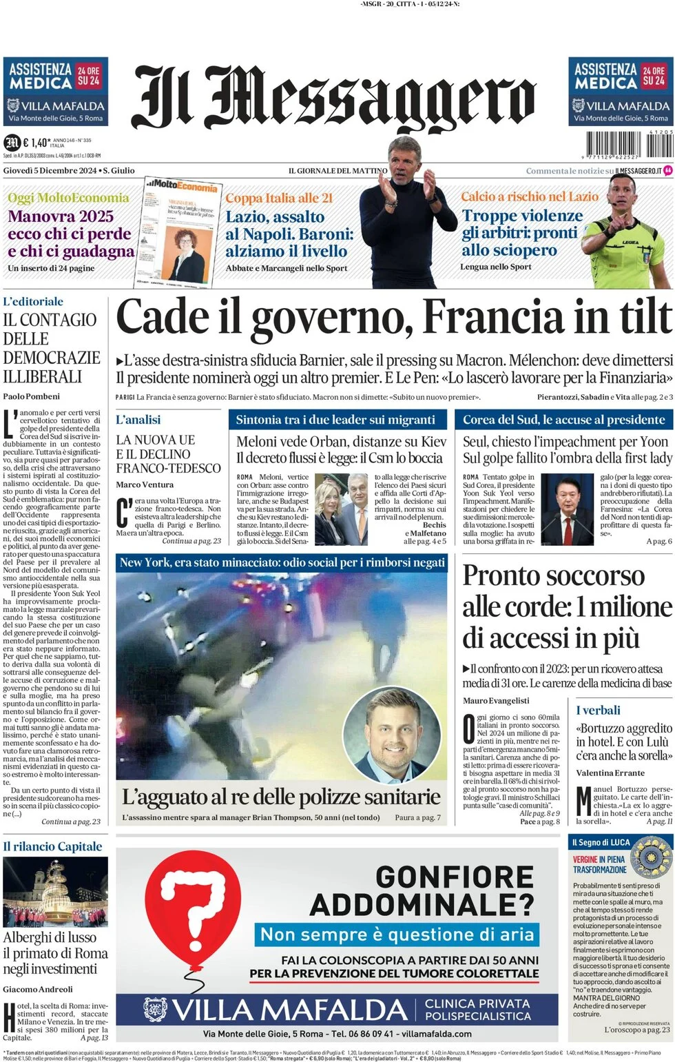 anteprima della prima pagina di il-messaggero del 05/12/2024