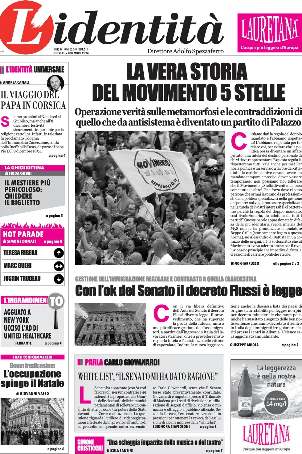 anteprima della prima pagina di lidentit del 05/12/2024