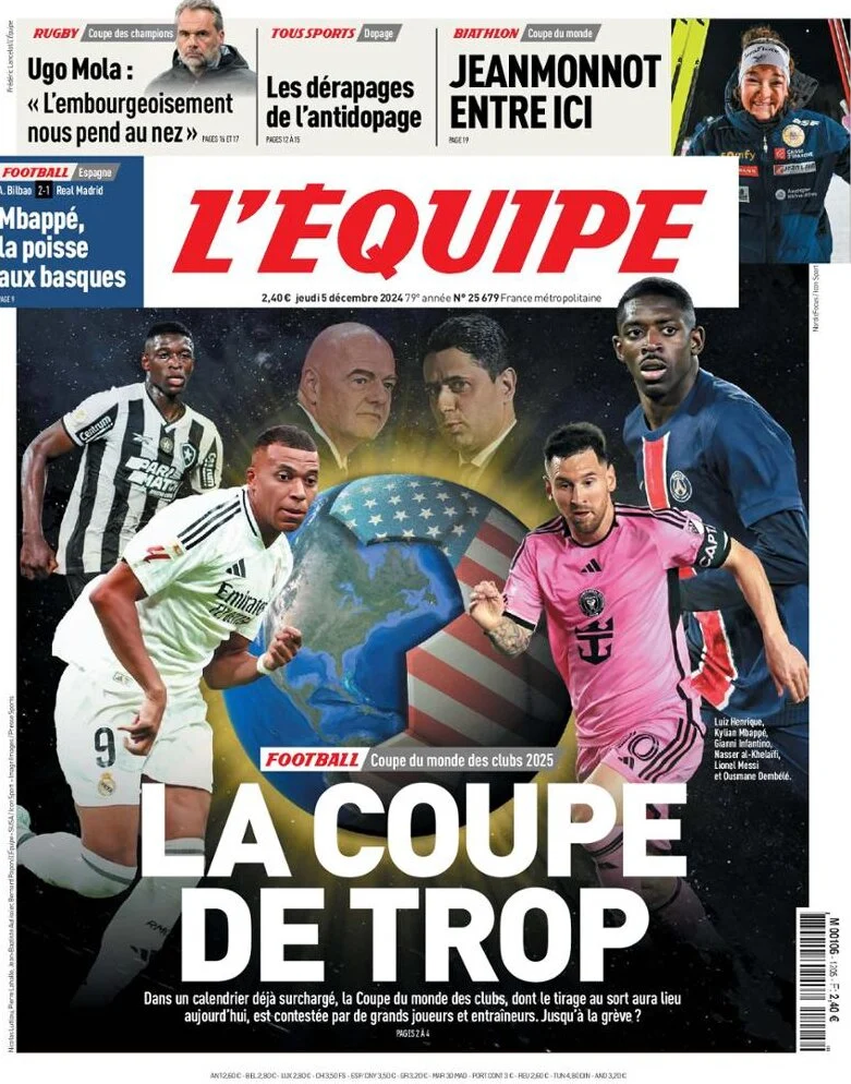 anteprima della prima pagina di lequipe del 05/12/2024