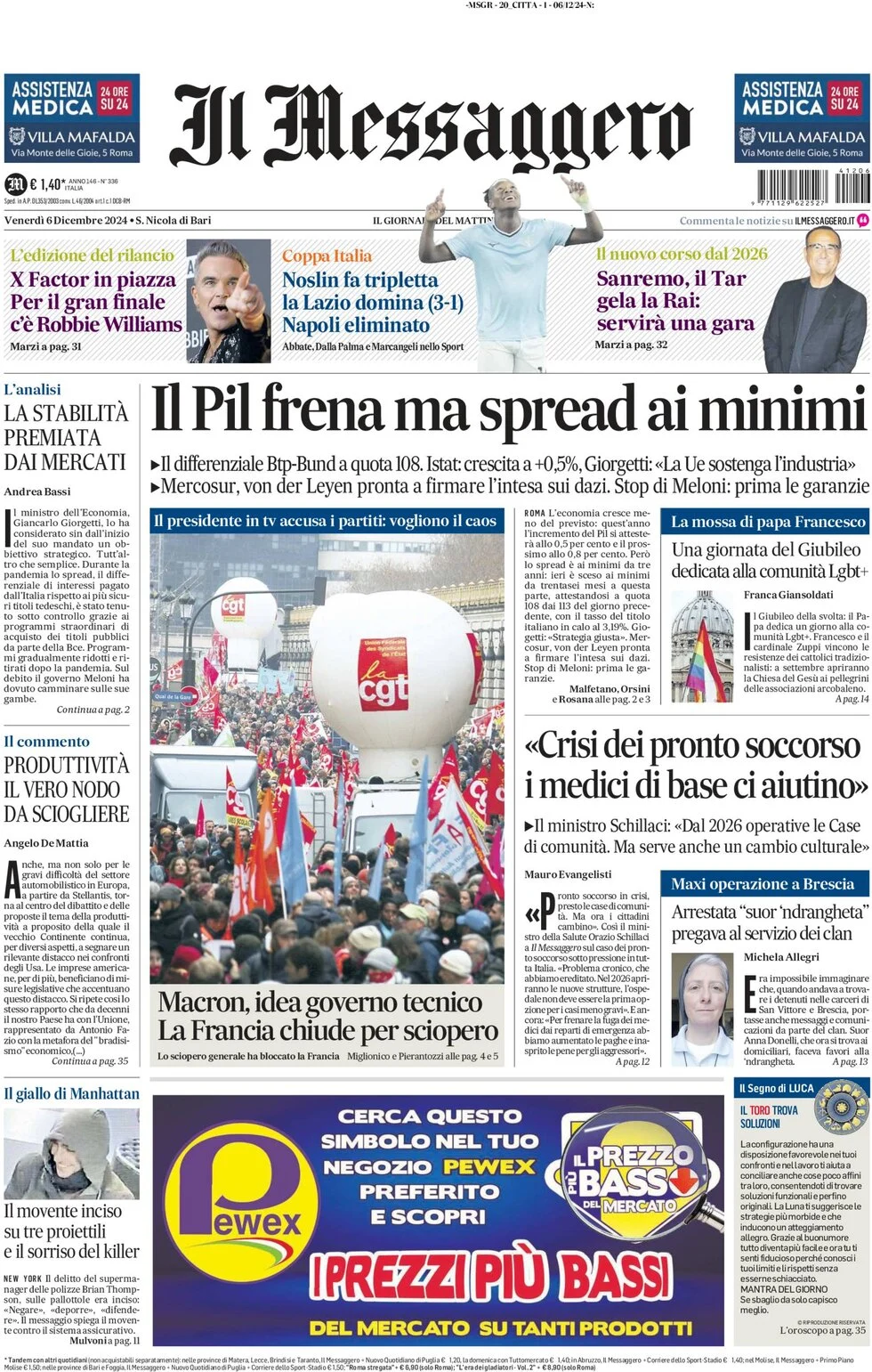 anteprima della prima pagina di il-messaggero del 06/12/2024