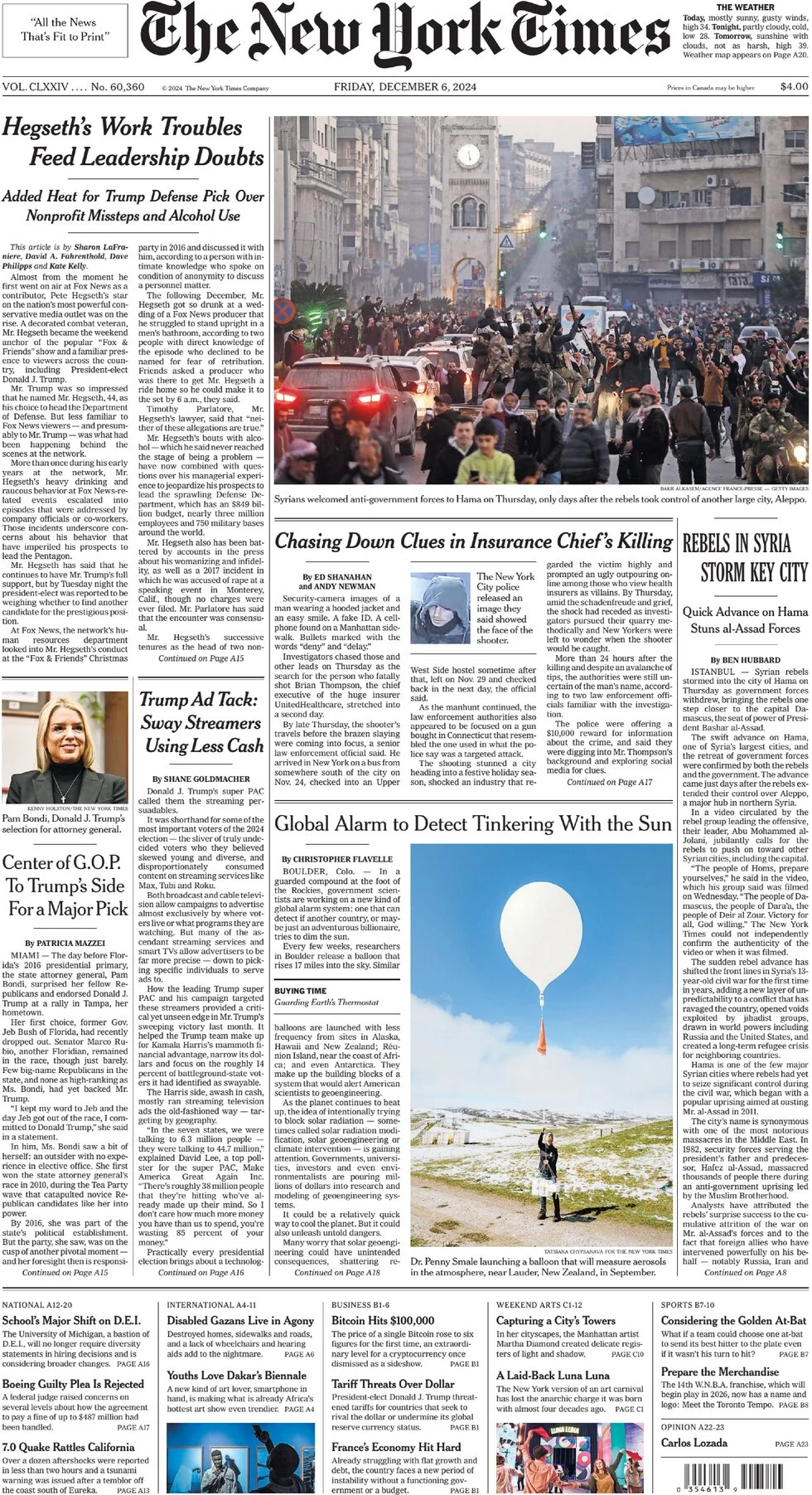 anteprima della prima pagina di the-new-york-times del 06/12/2024